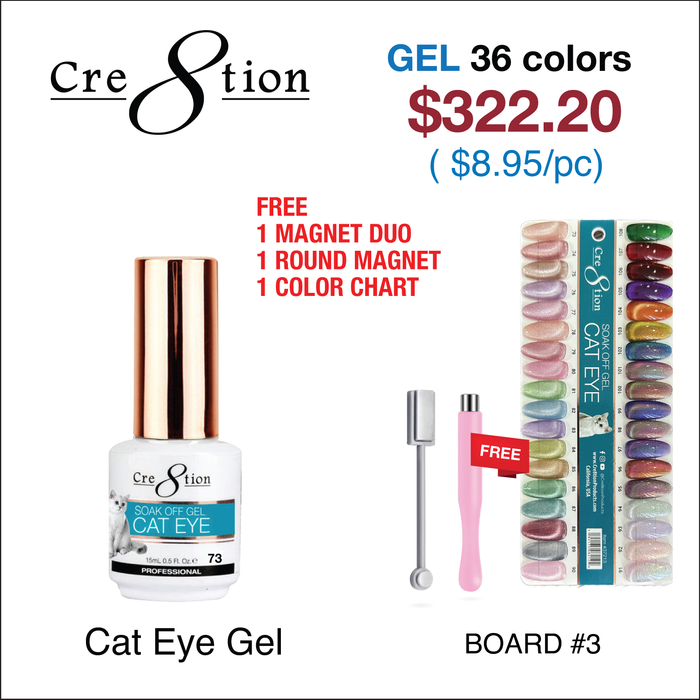 Cre8tion Cat Eye Gel 0.5oz - 36 Colors Board 3 (#73 - #108) w/  1 Round Shape Magnet, 1 Magnet Duo & 1 Color Chart