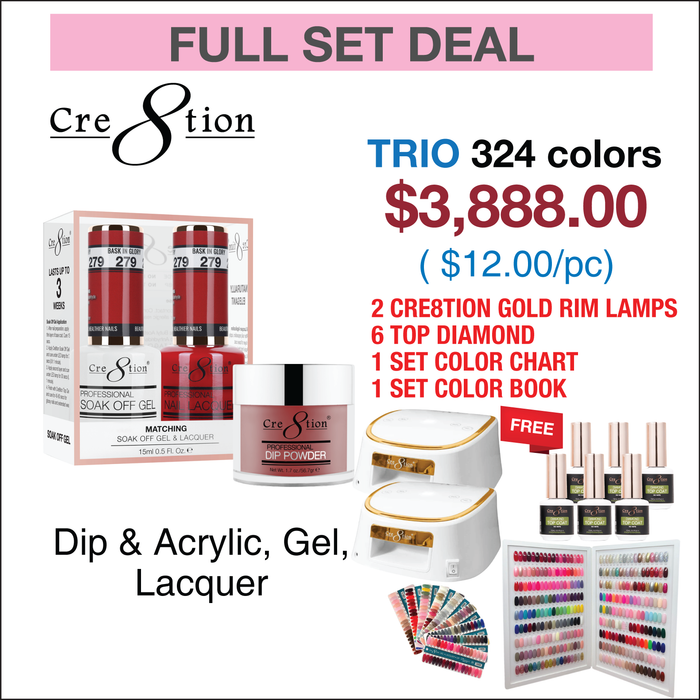 Cre8tion Trio Matching color - Full set 324 colors w/ 2 Cre8tion Cordless Gold Rim Lamp, 1 set Tip Color Chart, 1 Color Book & 6 Top Diamond 0.5oz