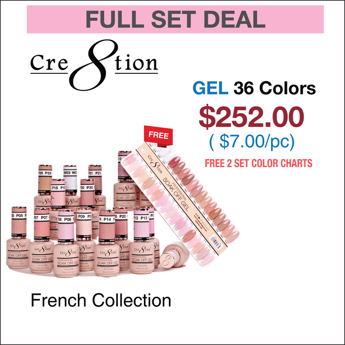 Cre8tion Full Set - Soak Off Gel - Colección francesa 36 colores con 2 juegos de carta de colores
