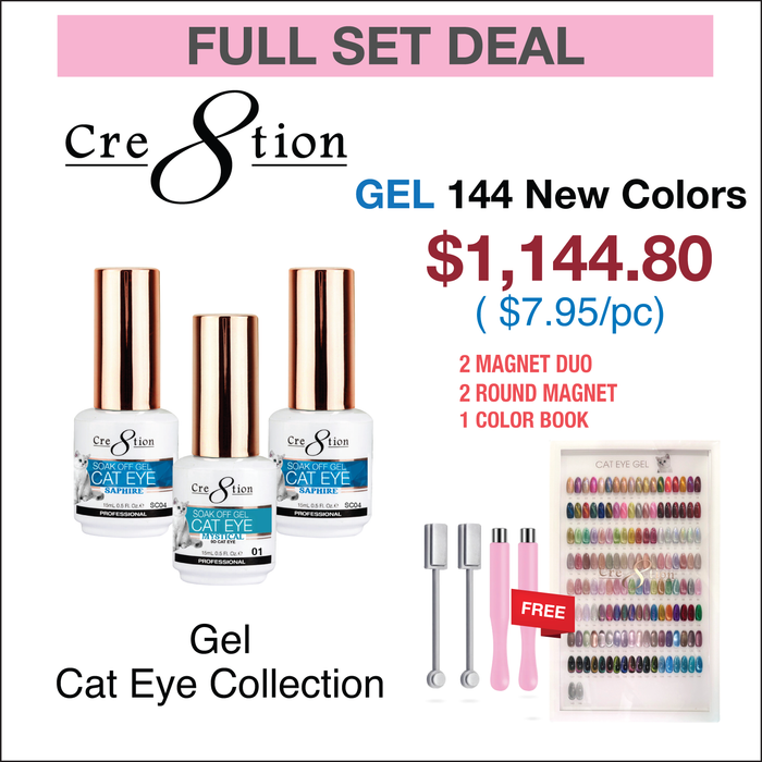 Cre8tion Cat Eye Gel 0.5oz - Full Set 144 Colors W/ 2 Round Magnet, 2 Magnet Duo & 1 Color Book