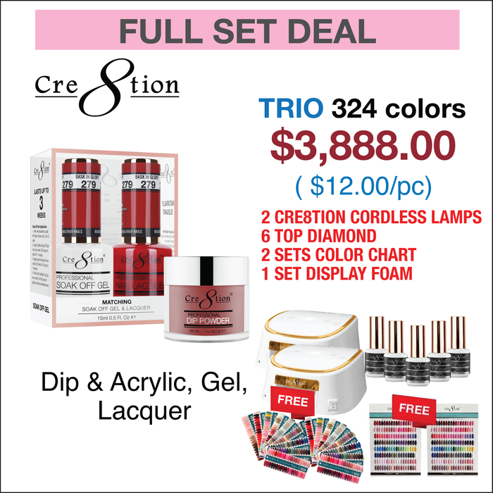 Cre8tion Trio Matching color - Full set 324 colors w/ 2 Cre8tion Cordless Gold Rim Lamp, 2 set Tip Color Chart, 1 set Table Display Color Chart & 6 Top Diamond 0.5oz