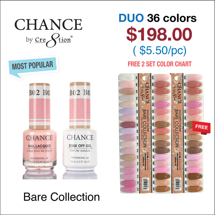 Chance Full Set - Matching Color Gel & Nail Lacquer 0.5oz - Bare Collection 36 Colors w/ 2 sets color chart