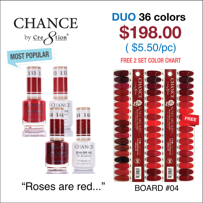 Chance Matching Color Gel &amp; Nail Lacquer 0.5oz - 36 colores #109 - #144 - Roses Are Red... Colección con 2 juegos de carta de colores