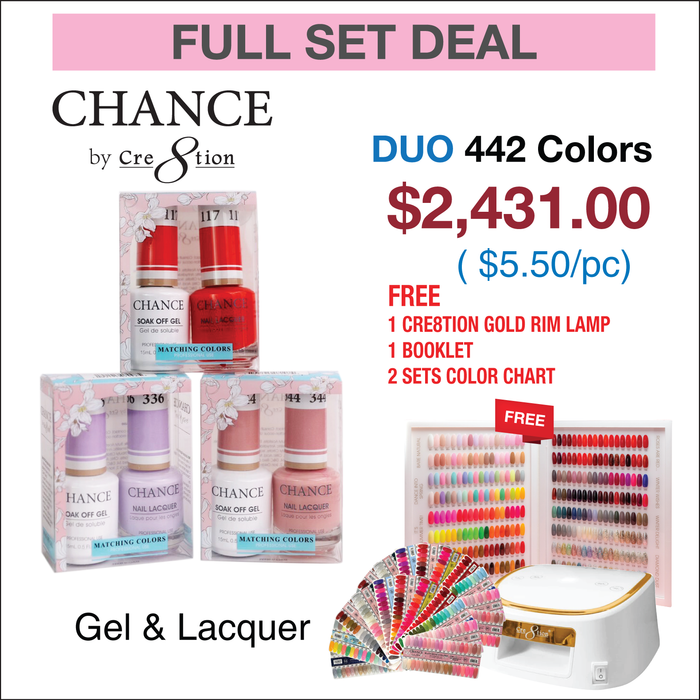 Chance Matching Color Gel & Nail Lacquer 0.5oz - Full Set 442 colors w/ 1 Cre8tion Cordless Gold Rim Lamp, 1 Booklet & 2 set Tip Color Chart