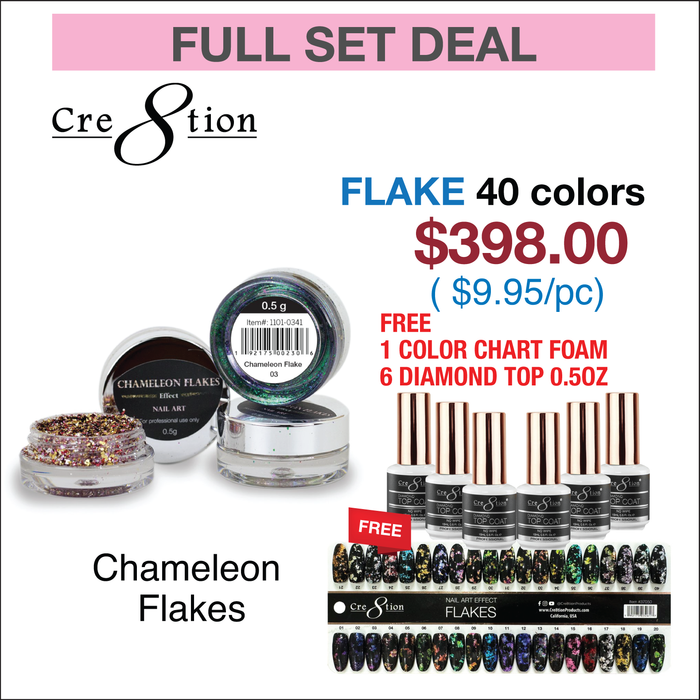 Cre8tion Chameleon Flakes Nail Art Effect 0.5g - Full set 40 colors w/ 6 Top Diamond 0.5oz & 1 Set Color Chart