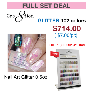 Cre8tion Nail Art Glitter - Full Set 102 Colors w/ 1 Set Display Foam