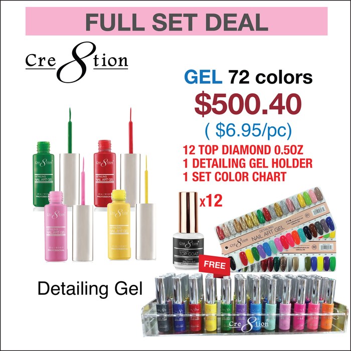 Cre8tion Detailing Nail Art Gel - Juego completo de 60 colores con 12 Top Diamond 0.5oz y 1 soporte de gel para detalles