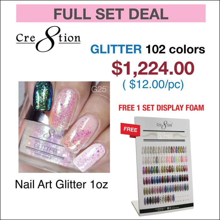 Cre8tion Nail Art Glitter - Full Set 102 Colors w/ 1 Set Display Foam