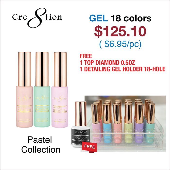 Cre8tion Detailing Nail Art Gel - Pastel Collection (See List) w/ 1 Top Diamond 0.5oz & 1 Detailing Gel Holder