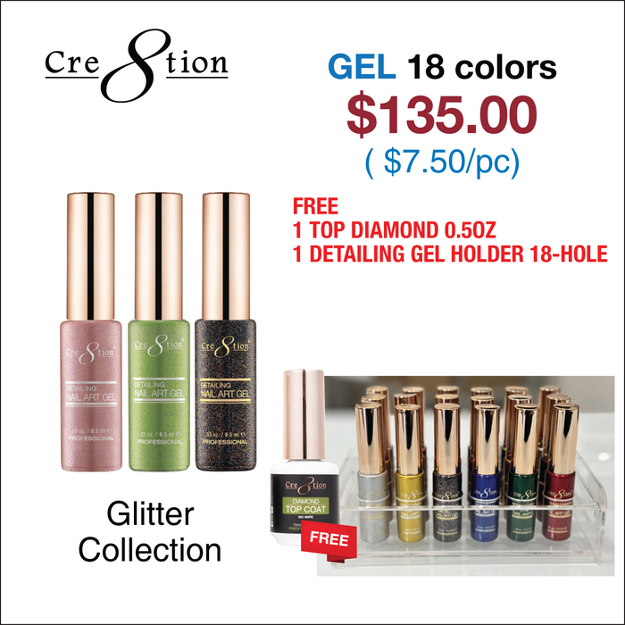 Cre8tion Detailing Nail Art Gel - Glitter Collection (See List) w/ 1 Top Diamond 0.5oz & 1 Detailing Gel Holder