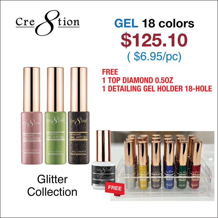 Cre8tion Detailing Nail Art Gel - Glitter Collection (See List) w/ 1 Top Diamond 0.5oz & 1 Detailing Gel Holder