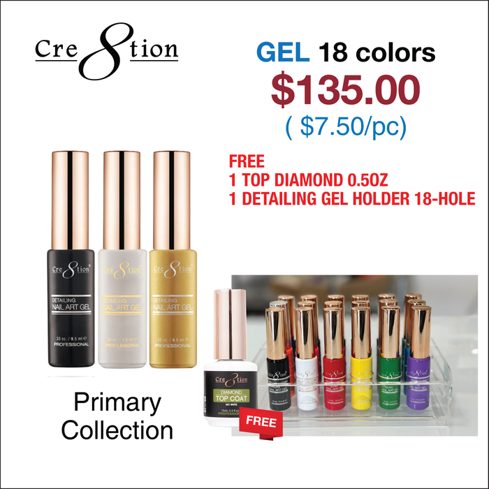 Cre8tion Detailing Nail Art Gel - Primary Collection (See List) w/ 1 Top Diamond 0.5oz & 1 Detailing Gel Holder