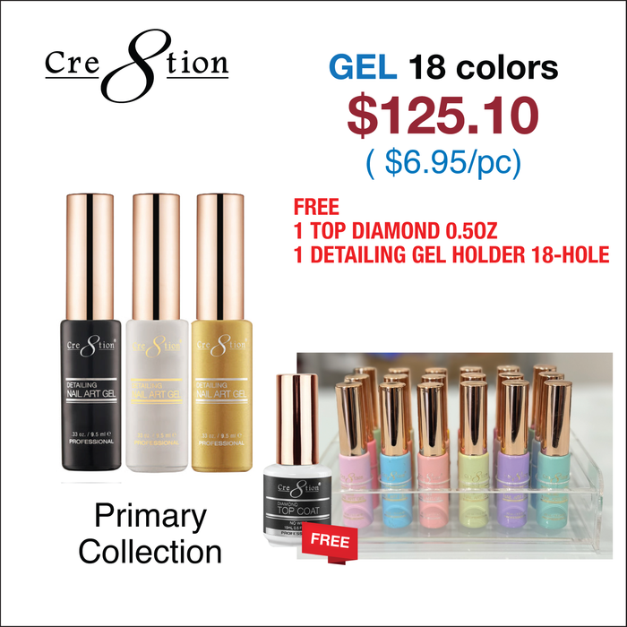 Cre8tion Detailing Nail Art Gel - Primary Collection (See List) w/ 1 Top Diamond 0.5oz & 1 Detailing Gel Holder