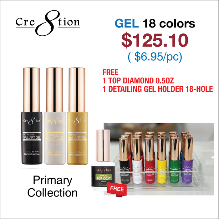 Cre8tion Detailing Nail Art Gel - Primary Collection (See List) w/ 1 Top Diamond 0.5oz & 1 Detailing Gel Holder