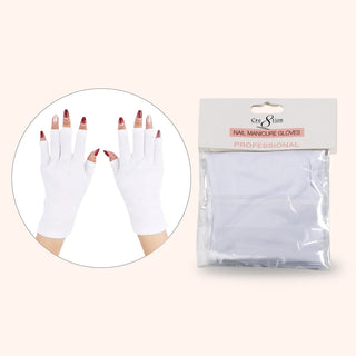 Cre8tion white fingerless manicure gloves worn on two hands, shown beside the sealed pack.
