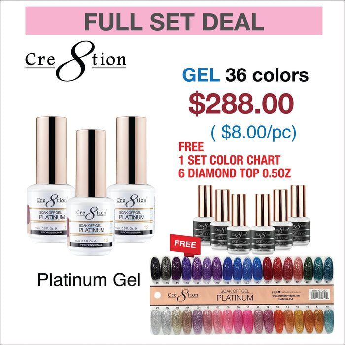 Cre8tion Platinum Gel 0.5oz - Full Set 36 colors w/ 6 Top Diamond 0.5oz & 1 Color Chart