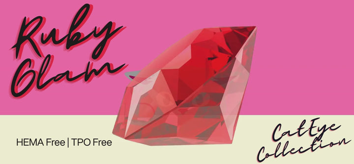 Ruby Red Cat Eye Nail Color Gel Collection Promotional banner with a spinning Ruby and a Cat Behind it