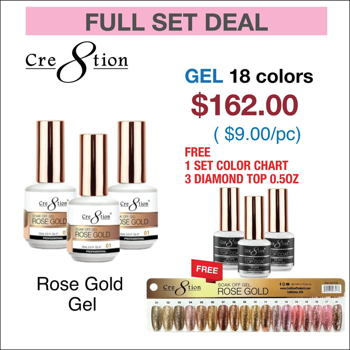 Cre8tion Rose Gold Gel 0.5oz - Full Set 18 colors w/ 3 Top Diamond 0.5oz & 1 Color Chart