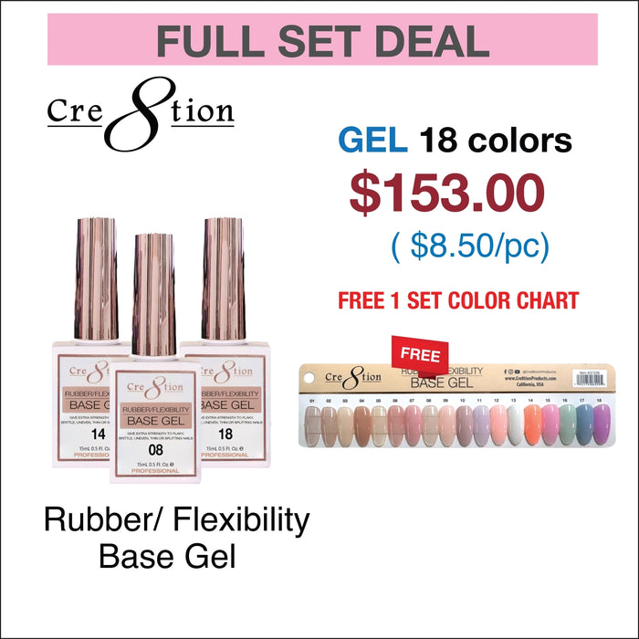 Cre8tion Rubber/ Flexibility Base Gel 0.5oz - Full Set 18 Colors w/ 1 Color Chart