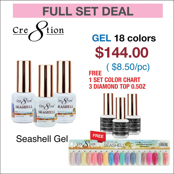 Cre8tion SeaShell Soak Off Gel 0.5oz - Juego completo de 12 colores con 3 Top Diamond 0.5oz y 1 juego de carta de colores