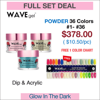 Wavegel Matching Powder 2oz - Full set Glow in The Dark 36 Colors 1 - 36 w/ 1 Color Chart - C8 Nail SupplyWaveGelWave-GLOW36Duo