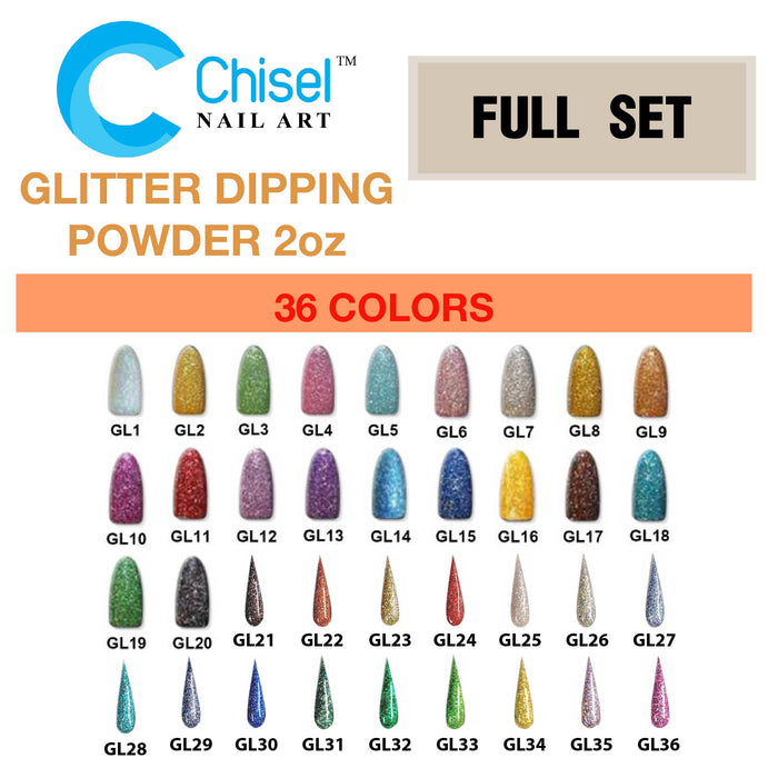 Chisel Glitter Dipping Powder 2oz - Full Set 36 Colors (#GL01 - #GL36)