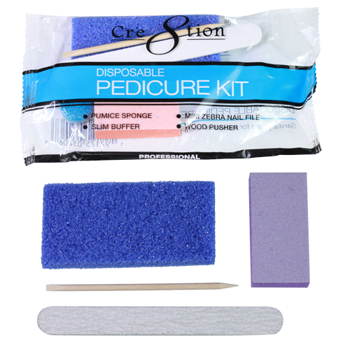 Cre8tion Disposable Kit C Pedicure: 1 Slim Buffer, 1 Blue Pumice Sponge, 1 Mini Zebra Nail File, 1 Wood Pusher