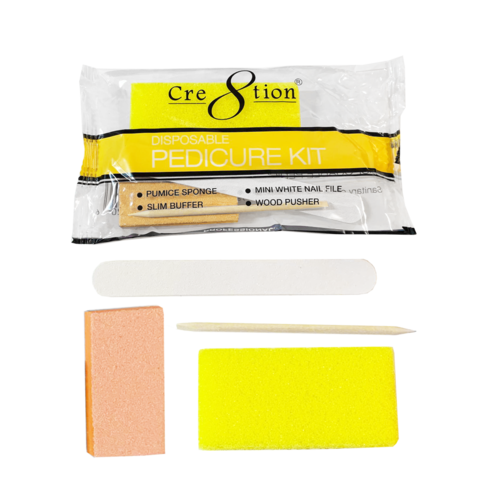 Cre8tion Disposable Kit A Pedicure: 1 Pumice Sponge, 1 Mini Nail File, 1 Wood Pusher, and 1 Slim Buffer for softer smoother feet